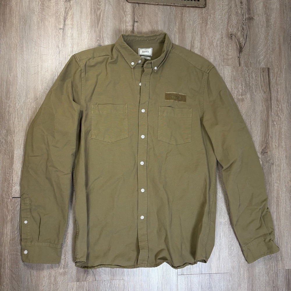 Foret Olive Green Button Down Canvas Bear Shirt Mens XL Long Sleeve Cotton